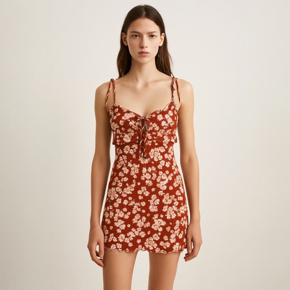 Sweet Pot Red White Floral Sleeveless Tie Strap Cami Camisole Mini Tank Dress 10